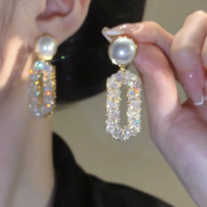 Oval Full Diamond Eardrops Special-interest Design Pearl